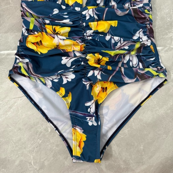 Women's APPIE Floral Ruched Tummy Control One Piece V-Neck Keyhole Swimsuit XL - Picture 7 of 16